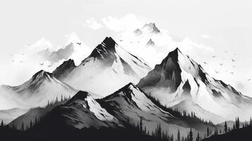 Mountain range black and white, pencil illustration of mountain range black and white, pencil photo