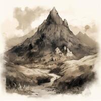 Olden style hand drawing brush mountain illustration of Olden style hand drawing brush mountain photo