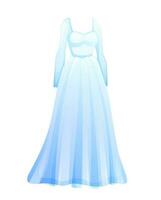 Wedding long white dress.Fashion bride dress in cartoon style. Vector illustration isolated on white.