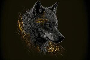 retrato de un gris lobo, decorado con oro. oscuro ilustración con dorado manchas generativo ai ilustración. foto