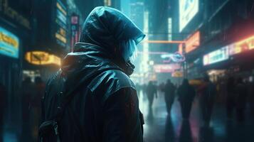 cyberpunk player hooded, digital art illustration, photo