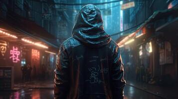 cyberpunk player hooded, digital art illustration, photo