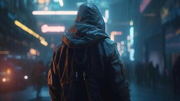 cyberpunk player hooded, digital art illustration, photo