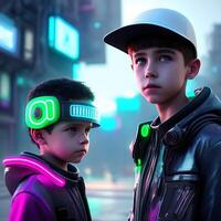 Futuristic-looking Boys with Neon-lit Outfits and A Big City Background 3D Photorealistic Illustration AI Generated photo