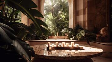 Eco-Luxe Sanctuary Elegant Marble, Tropical Flora Organic Skincare, A breathtaking image of a serene marble spa surrounded by lush tropical plants during a golden afternoon Ai generated photo