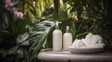 Eco-Luxe Sanctuary Elegant Marble, Tropical Flora Organic Skincare, tranquil outdoor marble shower area Ai generated photo
