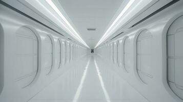 Inside narrow abstract bright white Tron corridor with square shapes with windows to an unknown planet, science fiction, glass, arch viz, and modern architecture, generate ai photo