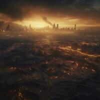 Post apocalypse. Nuclear apocalypse survivor. Ruined Cityscape. Concept. Banner size. Header, A nuclear explosion in the center of the metropolis. The beginning of apocalyptic, generate ai photo