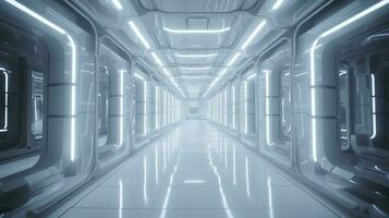 Inside narrow abstract bright white Tron corridor with square shapes with windows to an unknown planet, science fiction, glass, arch viz, and modern architecture, generate ai photo