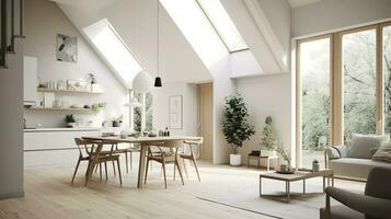 interior diseño, un perspectiva de un vivo habitación y un cocina con un isla, grande ventanas con natural luz, moderno muebles, claraboya, moderno minimalista diseño, generar ai foto