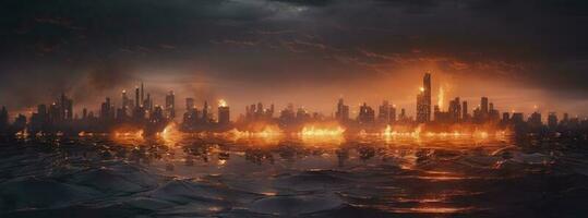 Post apocalypse. Nuclear apocalypse survivor. Ruined Cityscape. Concept. Banner size. Header, A nuclear explosion in the center of the metropolis. The beginning of apocalyptic, generate ai photo