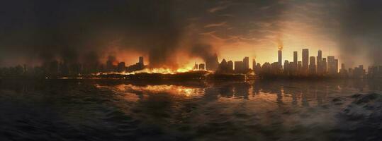 Post apocalypse. Nuclear apocalypse survivor. Ruined Cityscape. Concept. Banner size. Header, A nuclear explosion in the center of the metropolis. The beginning of apocalyptic, generate ai photo