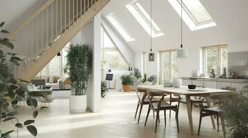 Interior Design, a perspective of a living room and a kitchen with an island, large windows with natural light, modern furniture, skylight, modern minimalistic design, generate ai photo