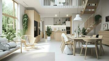 interior diseño, un perspectiva de un vivo habitación y un cocina con un isla, grande ventanas con natural luz, moderno muebles, claraboya, moderno minimalista diseño, generar ai foto