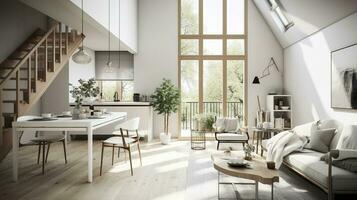 Interior Design, a perspective of a living room and a kitchen with an island, large windows with natural light, modern furniture, skylight, modern minimalistic design, generate ai photo