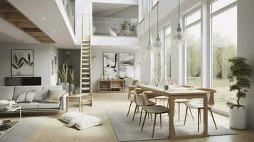 interior diseño, un perspectiva de un vivo habitación y un cocina con un isla, grande ventanas con natural luz, moderno muebles, claraboya, moderno minimalista diseño, generar ai foto