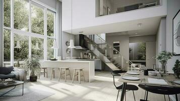 Interior Design, a perspective of a living room and a kitchen with an island, large windows with natural light, modern furniture, skylight, modern minimalistic design, generate ai photo