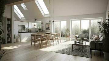 Interior Design, a perspective of a living room and a kitchen with an island, large windows with natural light, modern furniture, skylight, modern minimalistic design, generate ai photo