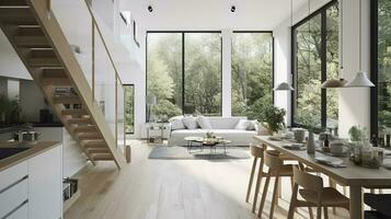 Interior Design, a perspective of a living room and a kitchen with an island, large windows with natural light, modern furniture, skylight, modern minimalistic design, generate ai photo