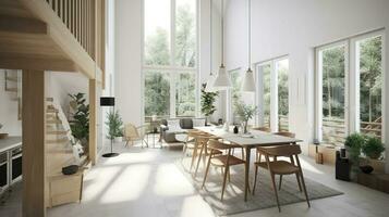 interior diseño, un perspectiva de un vivo habitación y un cocina con un isla, grande ventanas con natural luz, moderno muebles, claraboya, moderno minimalista diseño, generar ai foto