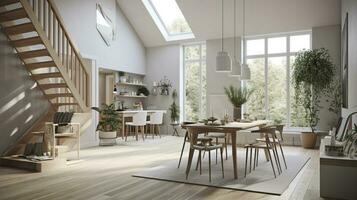 Interior Design, a perspective of a living room and a kitchen with an island, large windows with natural light, modern furniture, skylight, modern minimalistic design, generate ai photo