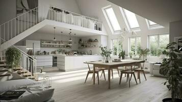 Interior Design, a perspective of a living room and a kitchen with an island, large windows with natural light, modern furniture, skylight, modern minimalistic design, generate ai photo