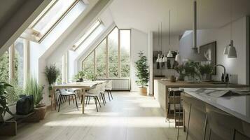 interior diseño, un perspectiva de un vivo habitación y un cocina con un isla, grande ventanas con natural luz, moderno muebles, claraboya, moderno minimalista diseño, generar ai foto