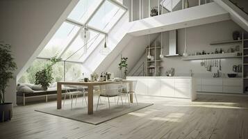 Interior Design, a perspective of a living room and a kitchen with an island, large windows with natural light, modern furniture, skylight, modern minimalistic design, generate ai photo