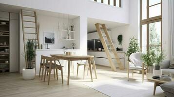 Interior Design, a perspective of a living room and a kitchen with an island, large windows with natural light, modern furniture, skylight, modern minimalistic design, generate ai photo