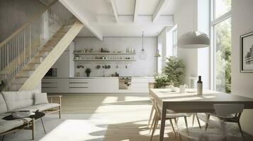 Interior Design, a perspective of a living room and a kitchen with an island, large windows with natural light, modern furniture, skylight, modern minimalistic design, generate ai photo