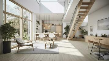 Interior Design, a perspective of a living room and a kitchen with an island, large windows with natural light, modern furniture, skylight, modern minimalistic design, generate ai photo