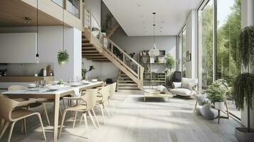 Interior Design, a perspective of a living room and a kitchen with an island, large windows with natural light, modern furniture, skylight, modern minimalistic design, generate ai photo