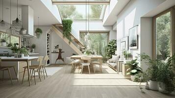 interior diseño, un perspectiva de un vivo habitación y un cocina con un isla, grande ventanas con natural luz, moderno muebles, claraboya, moderno minimalista diseño, generar ai foto