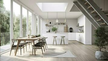Interior Design, a perspective of a living room and a kitchen with an island, large windows with natural light, modern furniture, skylight, modern minimalistic design, generate ai photo