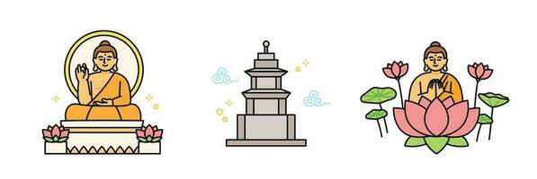 Buddhas Birthday. Buddha statue, stone pagoda, Buddha on lotus flower. vector