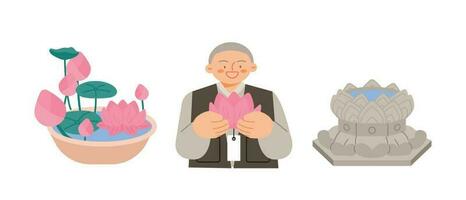 Buddhas Birthday. A lotus flower pot, a monk holding a lotus flower vector
