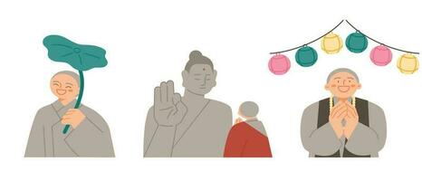 Buddhas Birthday. A monk holding a lotus leaf, a monk looking at a Buddha statue, and a lotus lantern festival. vector