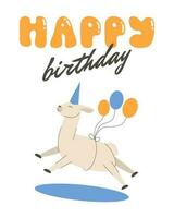 Happy birthday card with funny flying lama, alpaca. Llama with baloons and groovy happy birthday script. Vector illustration.