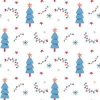 Cute festive seamless pattern with christmas tree, festoons, snowflakes and christmas stars. Simple winter design for cover wrapping paper textile. Vector illustration.