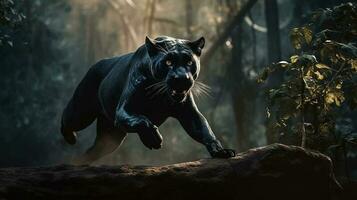 Graceful Leap, Black Panther in the Jungle. Generative AI photo