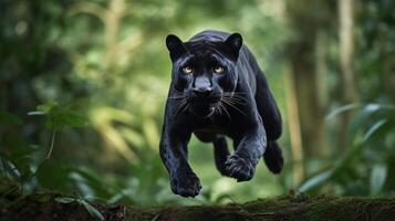 Graceful Leap, Black Panther in the Jungle. Generative AI photo