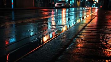 Urban Reflections of Neon Lights on Wet Asphalt Texture. photo