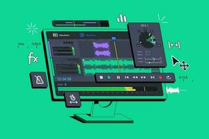 The Audio Editor Program is displayed on the computer. Audio Recording Audition. Digital sound workstation. Music application. Sounds  montage. Creating remixes of music tracks. Podcast software. vector