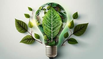 Eco friendly lightbulb from fresh leaves top vie, concept of Renewable Energy and Sustainable Living, created with technology photo