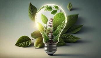 Eco friendly lightbulb from fresh leaves top vie, concept of Renewable Energy and Sustainable Living, created with technology photo