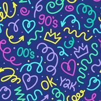 Trendy bright squiggles seamless pattern. Fun colorful line doodle with shapes crown, heart, numbers of 90s, 00s, y2k with curly confetti. Simple childish print. For textile, backdrop, packaging vector