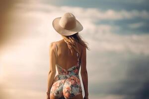 beautiful girl body in a swimsuit and a hat back viewsummer holidays photo