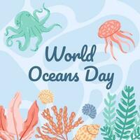 Banner for the celebration of world ocean day, with an illustration of a turtle and a jellyfish on the seabed with caralas and shells. vector