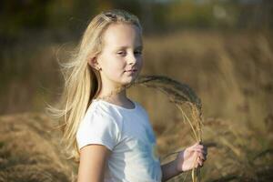 hermosa pequeño niña en un prado con un ramo de flores de hierbas.niño en un hermosa verano campo. foto
