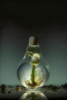 content,Earth Day. flower in a light bulb on a dark background. concept of energy saving. photo